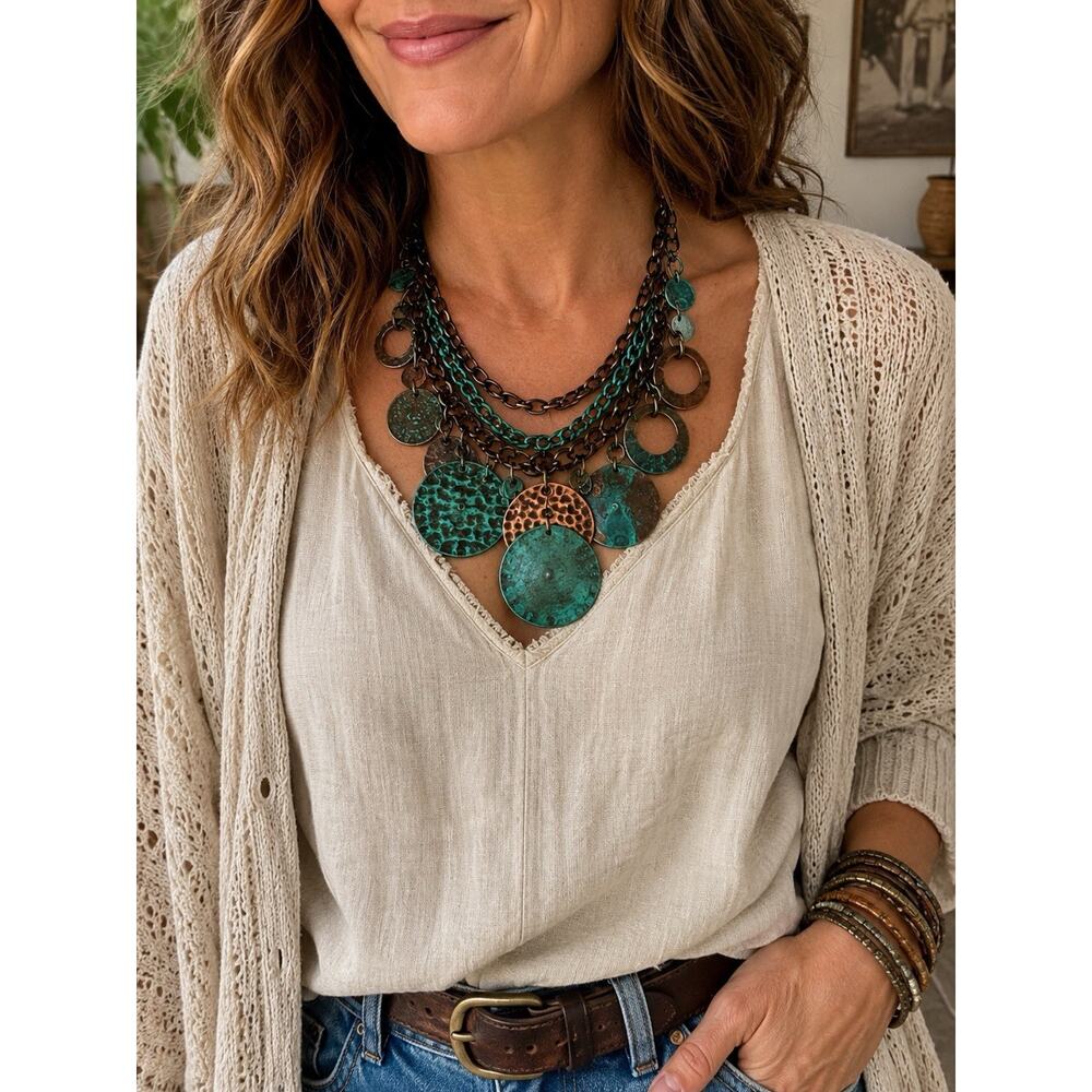 Janne K Statement Necklace Patina Copper Turquoise Boho Bib Chunky